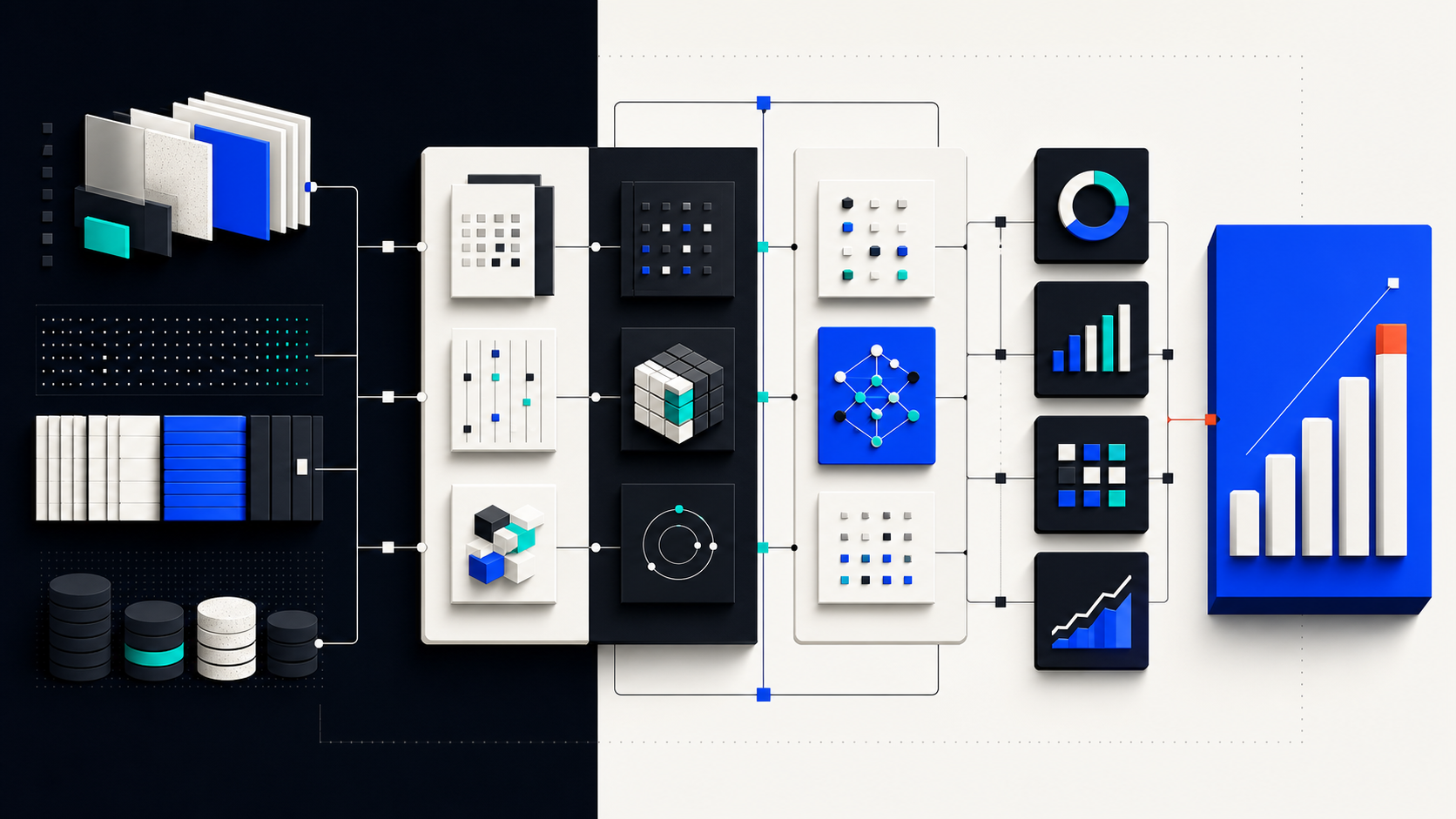 Abstract structured operating model diagram with data blocks, workflow lines, and impact markers.